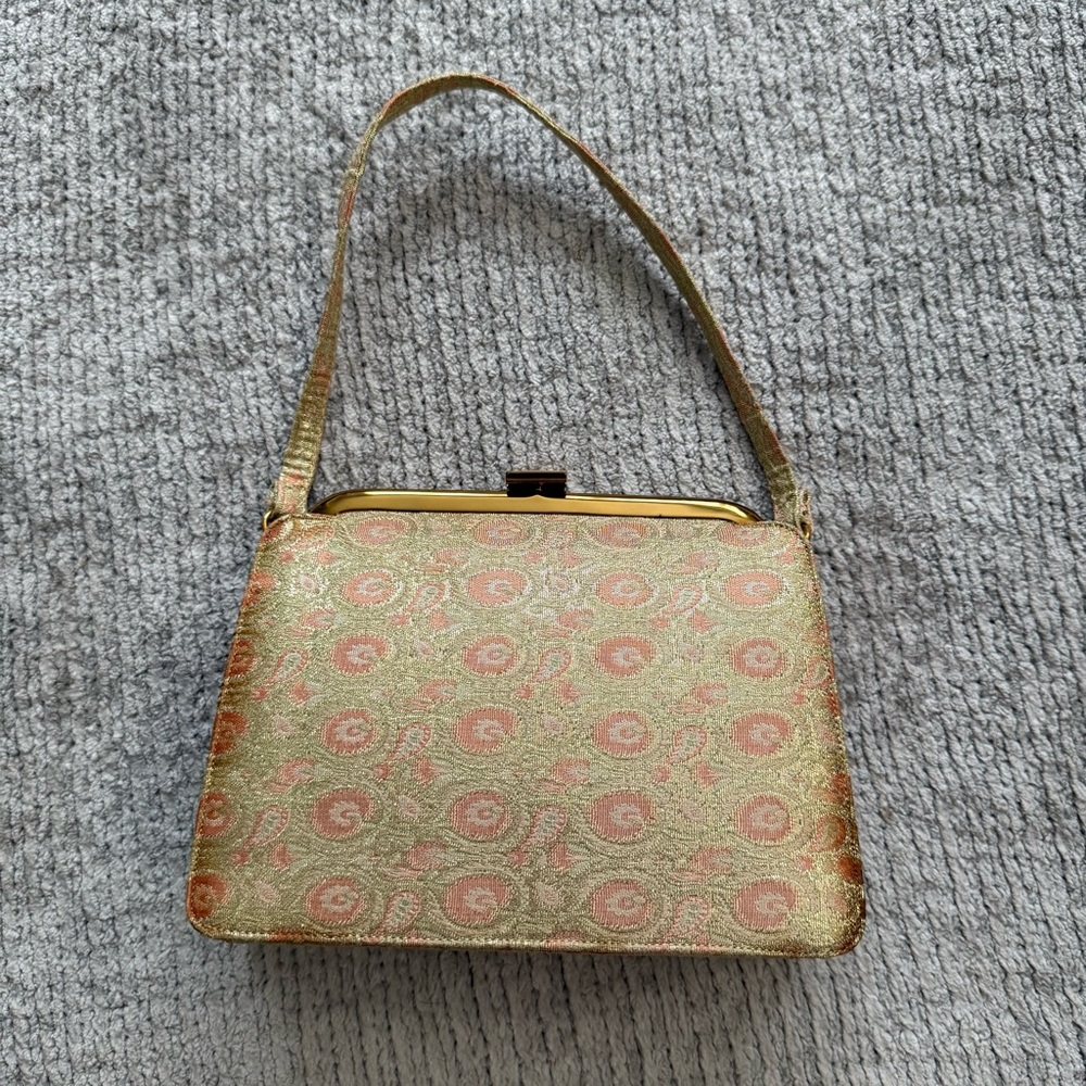 Vintage Bonwit Teller Brocade Evening‎ Bag Gold Pink Clutch Coin Purse